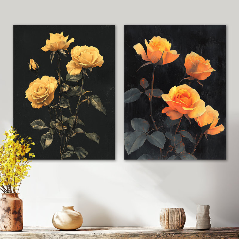 Midnight Vintage Rose Flowers Elegance I - floral jaune, impression murale en métal 2 pièces, 32" H x 48" W