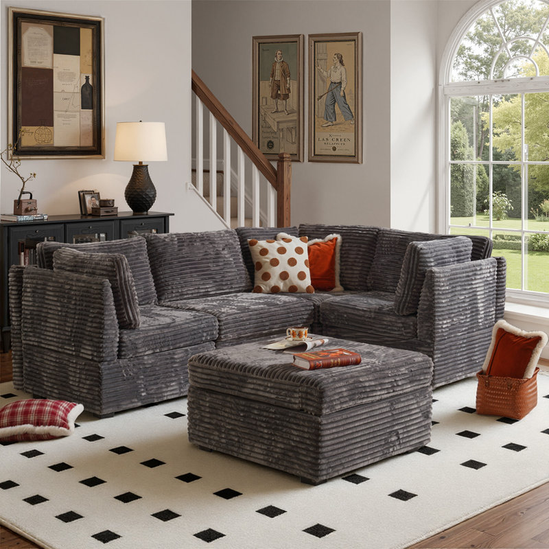 Canapé modulaire en velours côtelé 5 pièces Nathasa, Velours côtelé gris