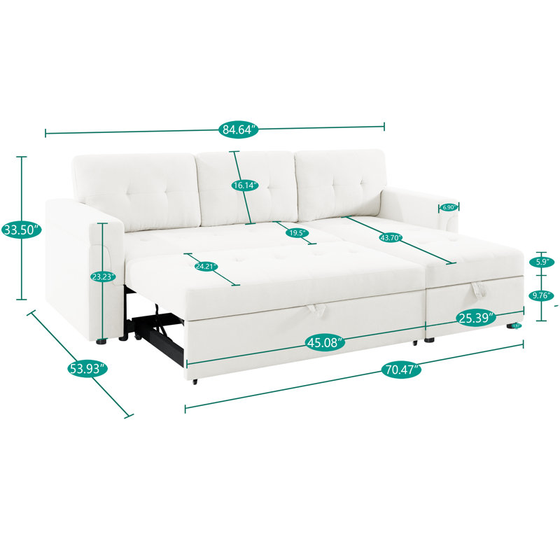 Naara Sectional Sleeper Couch with Storage Pull Out White Couch Bed, Reversible Sleeper Sofa Couch, White