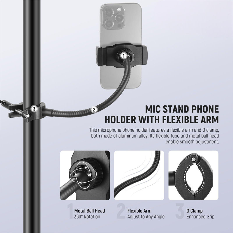 Support de téléphone BASIC pour micro avec bras flexible, bras de bras à tête sphérique à 360 °, support de musique sur pied et support pour téléphone portable compatible avec Ipo