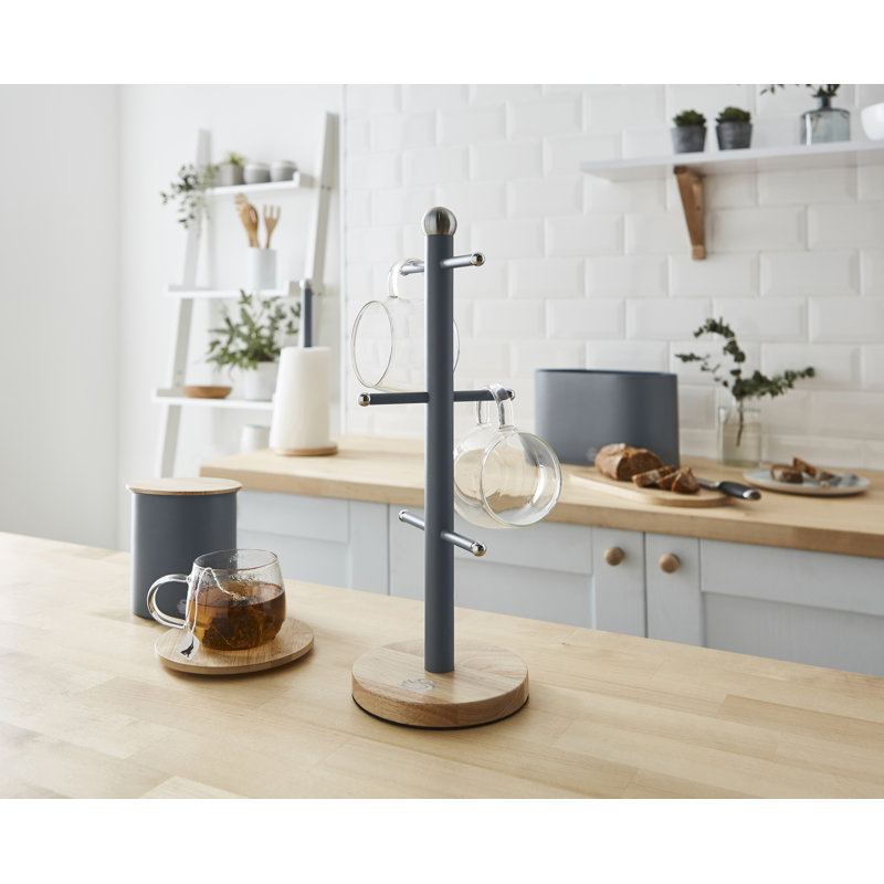 Swan Nordic Scandi Mug Tree with Non-Slip Bamboo Base, Steel, One Size, Grey