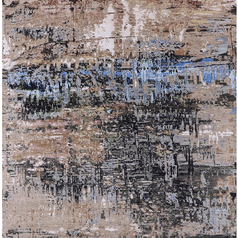 Tapis brun / noir / bleu à motif abstrait Broomall, Carré 8 pi