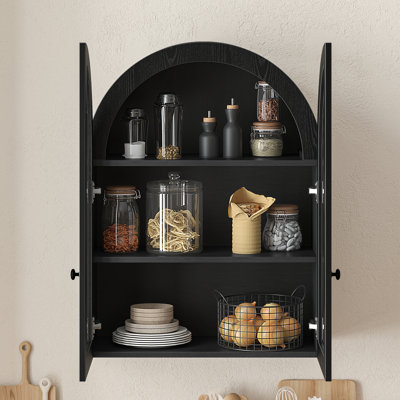 Armoire murale cintrée, meuble de rangement mural en placage de bois avec portes en verre trempé et étagère réglable