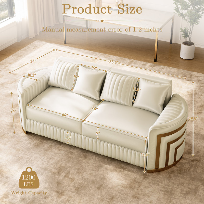 Canapé deux places incurvé moderne de 218 cm avec accoudoirs et dossier ornés de détails dorés, Beige