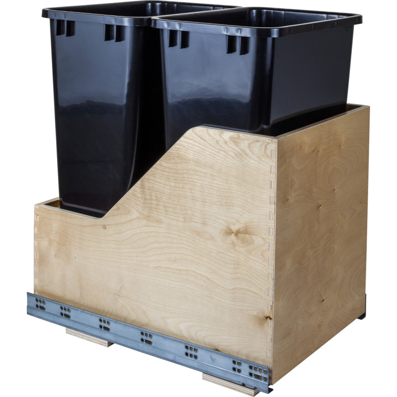 Preassembled 35 Quart Double Pullout Waste Container System, Black, 12.5, 23.75" H x 15" W x 21.375" D