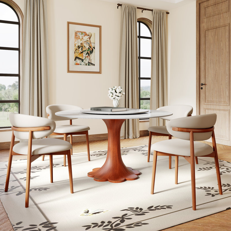 Ensemble de table de salle à manger avec plateau tournant Lazy Susan Farmhouse (1 table, 4 chaises / 6 chaises), 5, Blanc