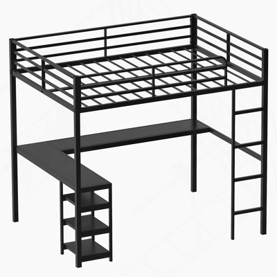 Full Size Loft Bed With Desk & Open Shelves, Heavy Duty Metal Bed Frame With Safety Guardrails & Ladder, Loft Beds With Vintage Wood Finish L-Shaped Desk, Black
