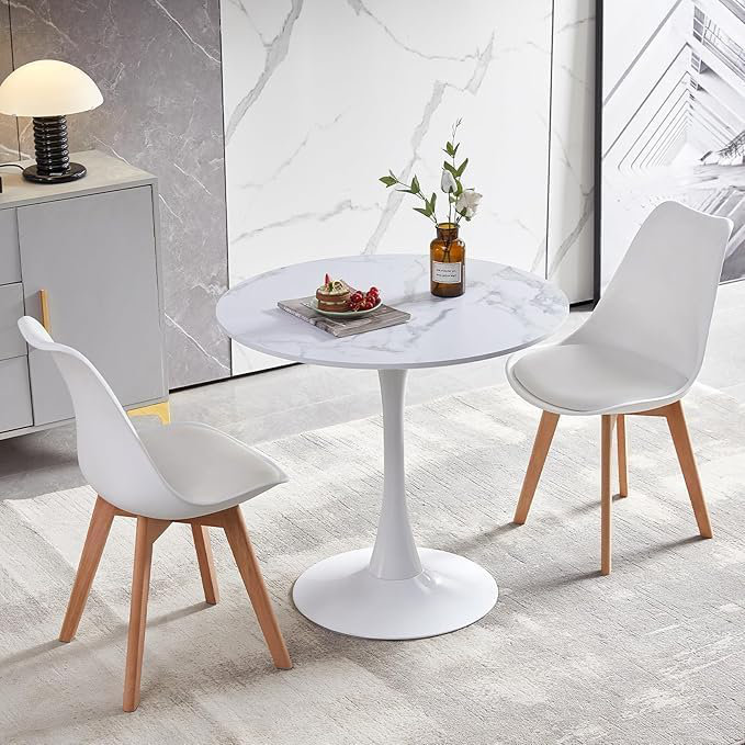 Table de salle à manger Mid-Century, H 29,5 po x L 39,5 po x l 39,5 po, Marbre blanc