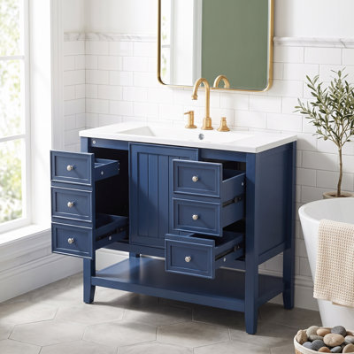 Meuble-lavabo multifonctionnel bleu autoportant de 91 cm (36 po), construction en bois massif et MDF, lavabo simple intégré en céramique avec accessoires de quincaillerie complets