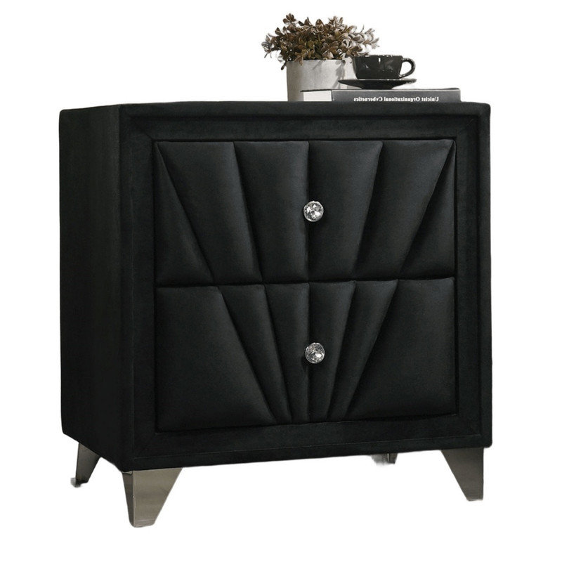 Structure entièrement revêtue de tissu 1pc Table de chevet avec boutons en cristal et acrylique, Noir