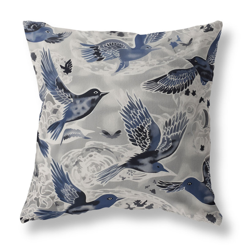 Coussin Inferno Songbirds Broadcloth, H 26 po x l 26 po, Bleu