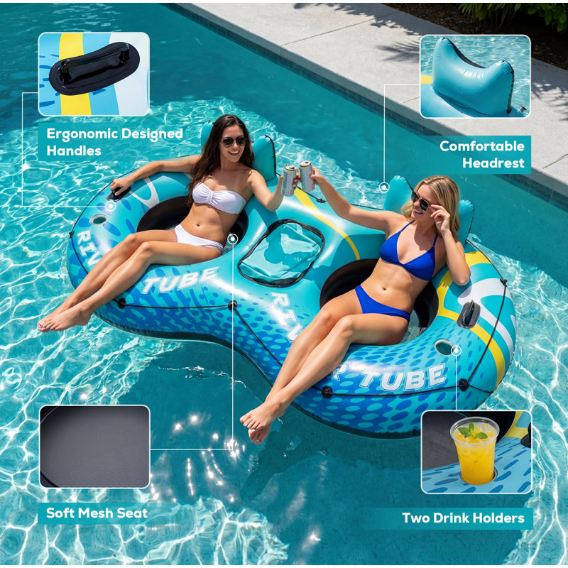2-Person Inflatable River Tube Float With Built-In Storage Bag For Ice, Double Pool Lounge Chair With Backrest & Cup Holders, Breathable Water Floating Raft For Pool Lake Beach Summer Water Party, 2 Pattern Options.