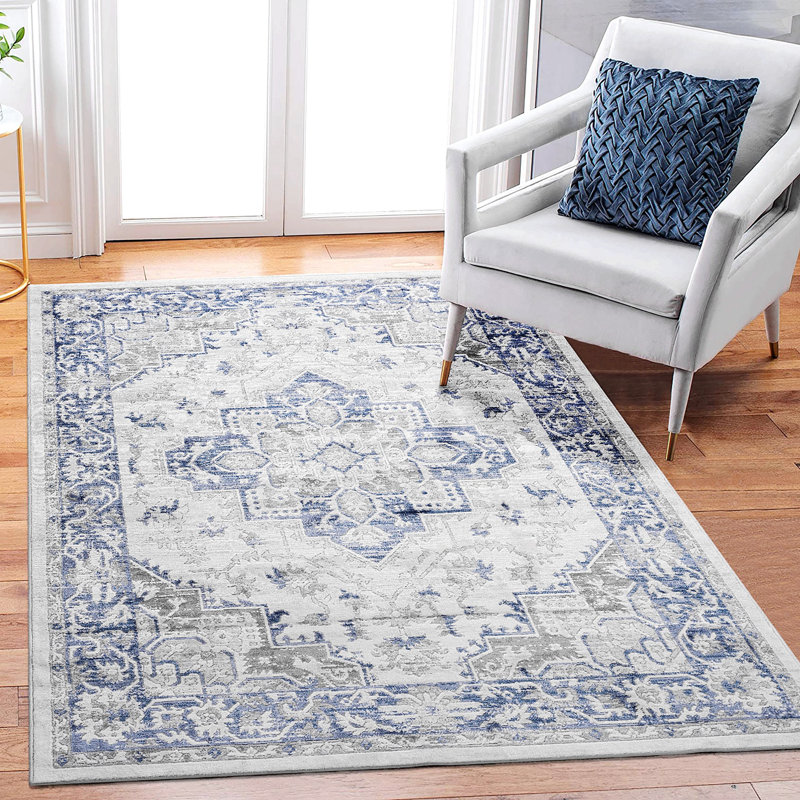 Area Rug, Collection Blue / Grey / Oriental Runner Rug, Rectangle 6'7" x 7'9"
