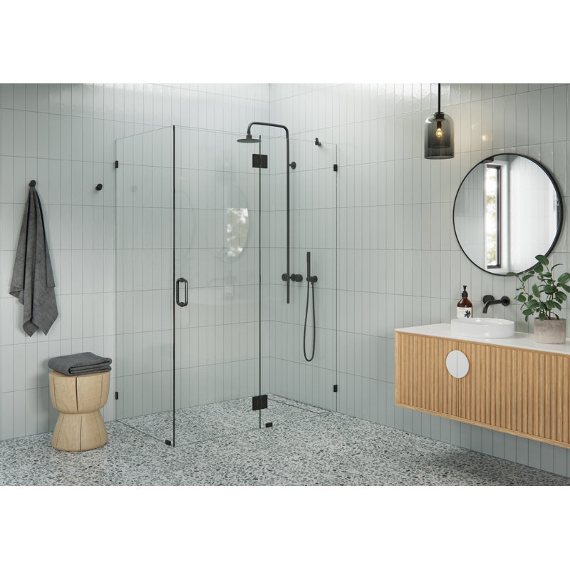 Cabine de douche à charnière en verre sans cadre à 90 degrés Halo 57 po x 33 po x 78 po Halo, Noir mat