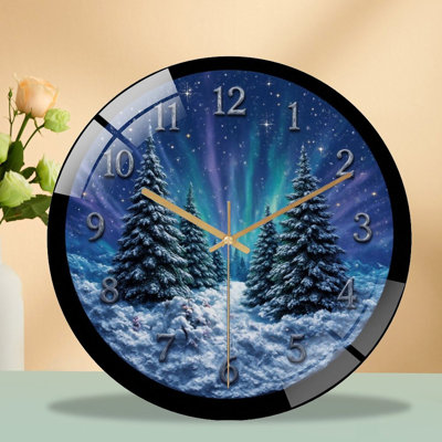 Clock-Face-Winter-Forest-Aurora-Sky Art - 12‘’ Modern Glass Wall Clock