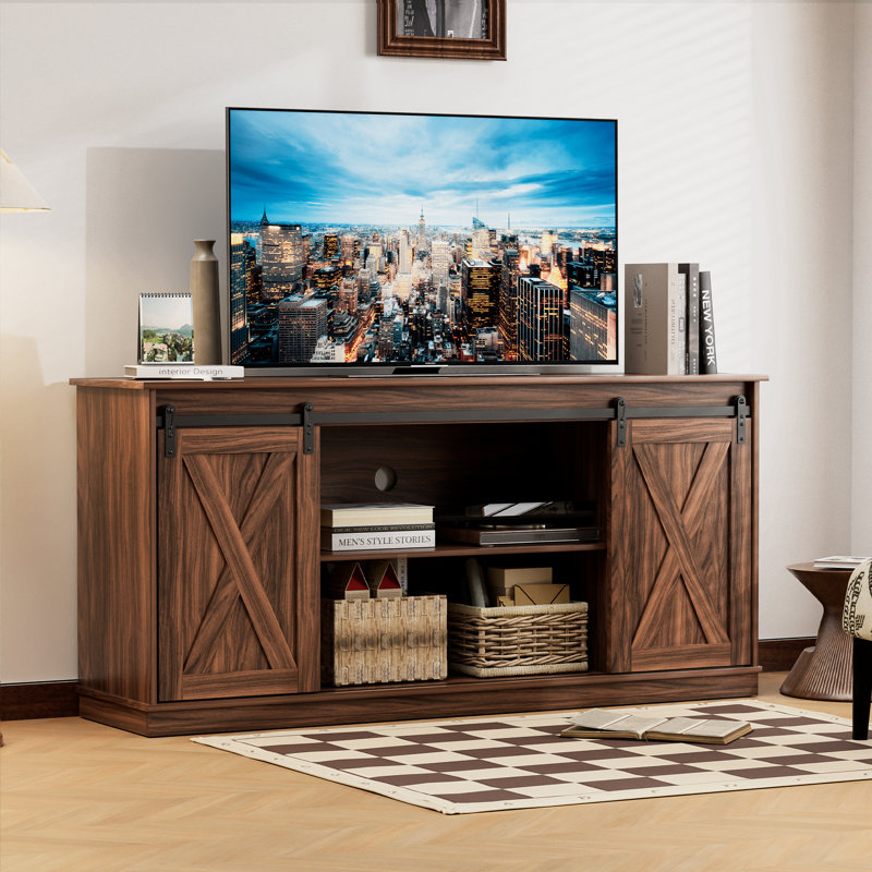 TV Stand With Sliding Barn Doors For Tvs Up To 65", Rustic Brown