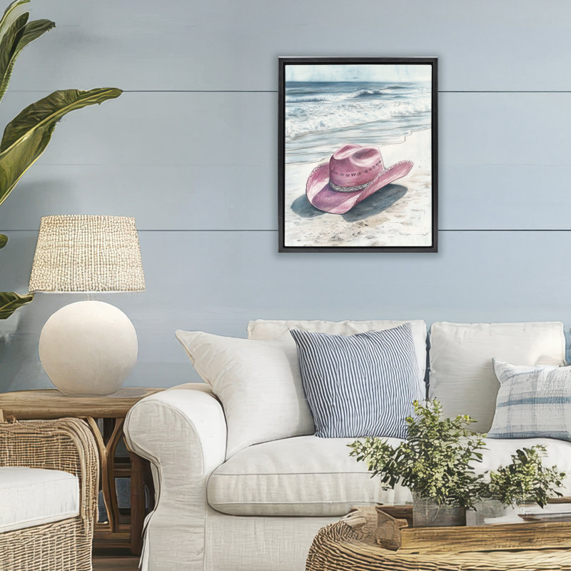 Chapeau de cow-boy sur un cadre flottant de plage, design par Heidi Kuntz, H 21 po x l 17 po, Cadre flottant noir de jais