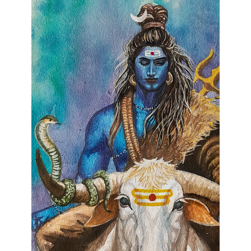 Divine Darshan de Shiva sur Nandi, peinture à l'aquarelle sur papier - Art spirituel indien contemporain de 15 po x 11 po par Sudipta Sana