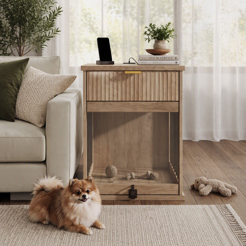 Table d'appoint 3 en 1 pour cage de chien avec station de recharge et porte en verre