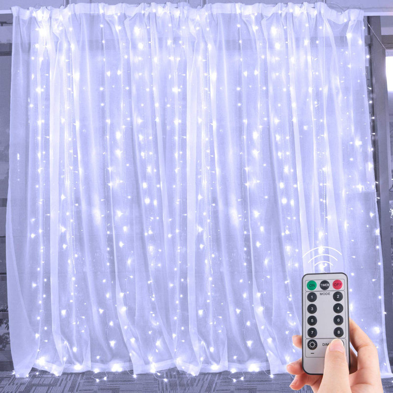 9.8ft Plug-in LED Curtain String Light with Remote Control Linkable, White