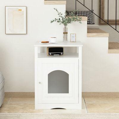Enceinte de litière pour chat blanc - maison intérieure en bois avec boîte cachée, construction, crochet latéral et tablette fonctionnelle, table moderne pour enceinte de salon ou de chambre à coucher, armoire fermée, confortable
