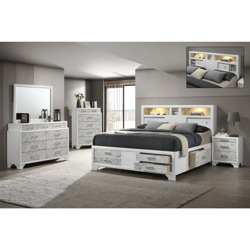 Ensemble de chambre à coucher de style moderne, Très grand lit, Cinq pièces : lit, commode, miroir, table de chev
