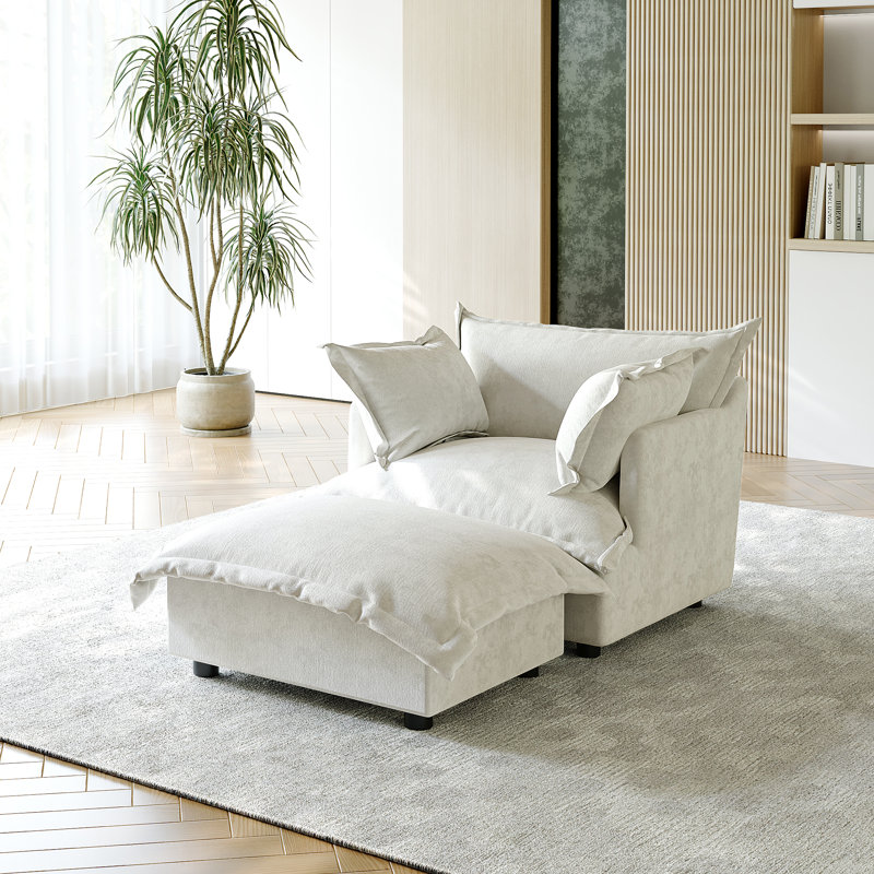 Upholstered Armchair with Footstool, Beige