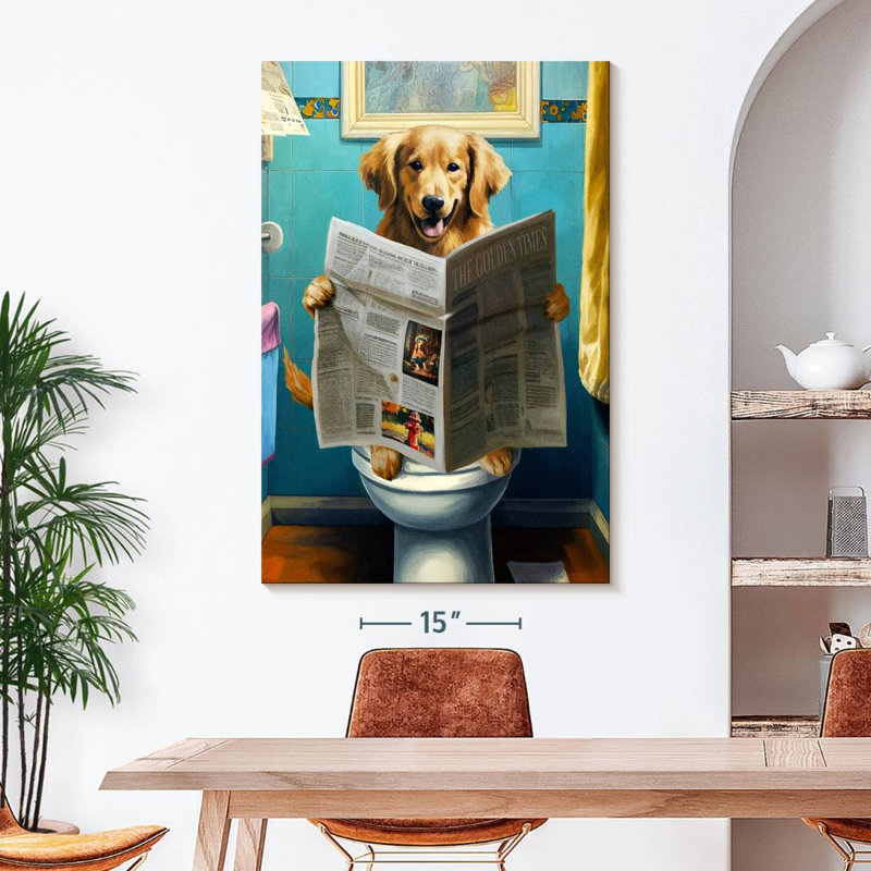 Golden retriever sur une toilette sur toile, H 48 po x l 32 po x P 1,25 po