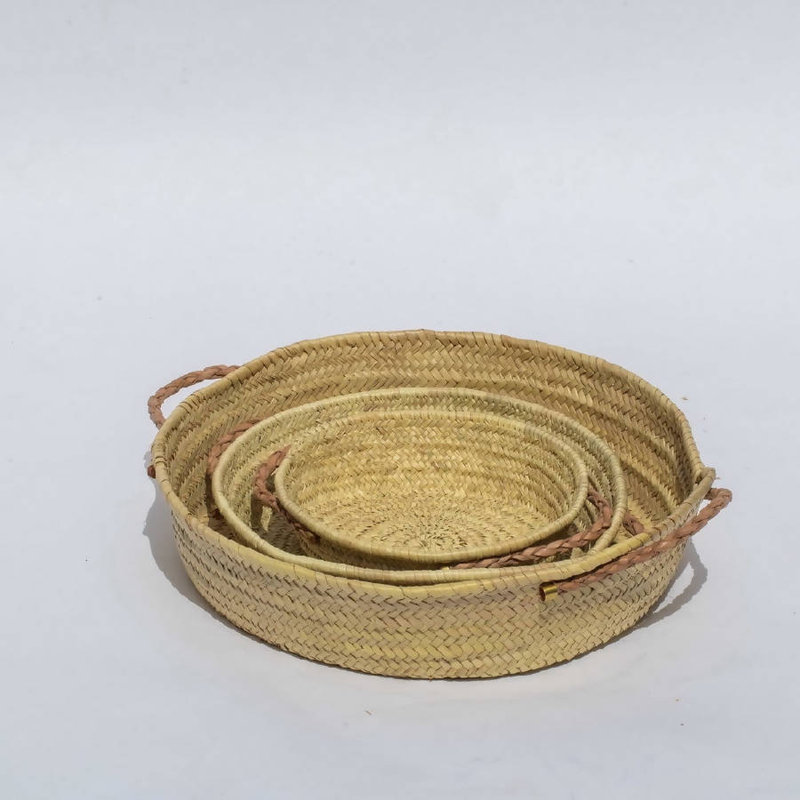 Handwoven Palm Tray with Leather handles, 2" H x 20" W x 20" D