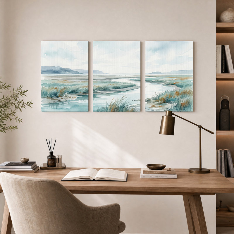«Marshland River with Distant Hills», ensemble de 3 toiles, H 36 po x l 24 po x 3 pièces