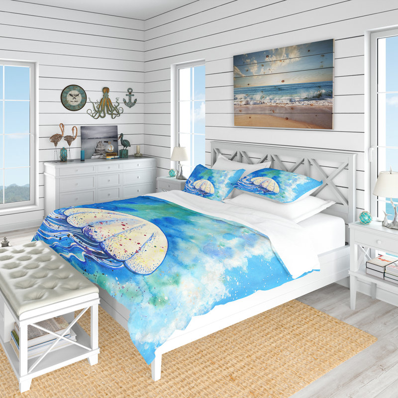 Vintage Beige Minimalism Floral Blossums Coastal Duvet Cover, Full/Queen Duvet Cover + 2 Shams