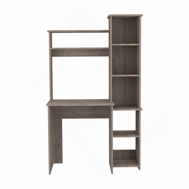 Bureau d'écriture gris clair à 6 tablettes avec bibliothèque intégrée, Gris clair
