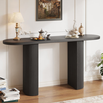 60" Oval Console Table With Vertical Stripe Design For Living Room, Hallway, Foyer Entrance, Study by Latitude Run