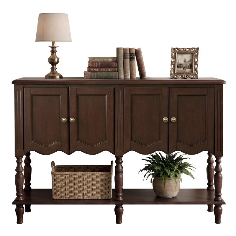 Armoire de rangement 47,2 po avec 4 portes, finition en placage de bois véritable, tablette inférieure ouverte, niveleurs réglables, pour le salon et le vestibule