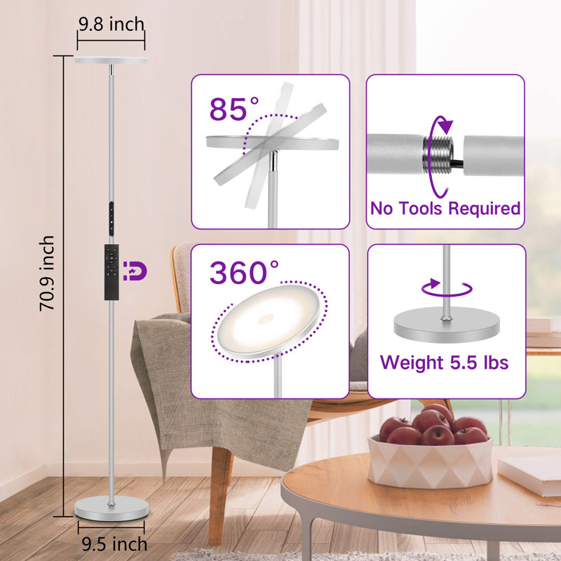 Jernell  LED Dimmable Torchiere Floor Lamp with Remote Control, Silver Gray