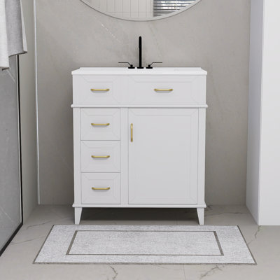 Meuble-lavabo de 30 po avec lavabo en porcelaine, tablettes réglables, portes à fermeture en douceur et trois tiroirs à fermeture en douceur