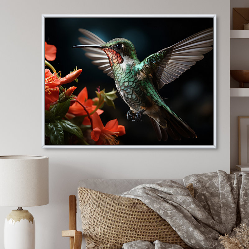 Teal Coral Hummingbird Portrait - Animals Wall Decor, H 34 po x l 44 po x P 1,5 po, Cadre flottant blanc