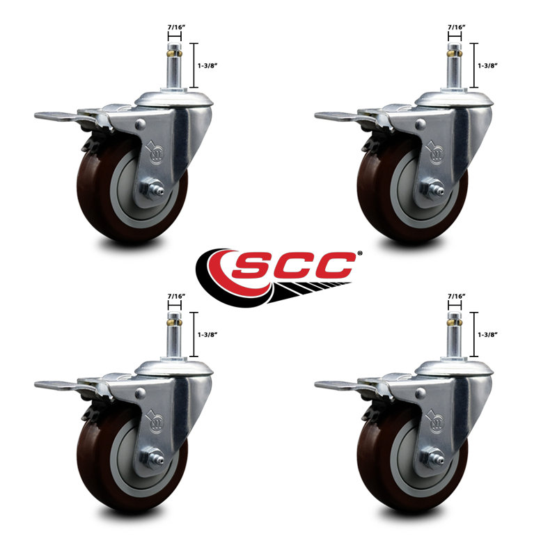 3.5 Inch Polyurethane Swivel 7/16 Inch Stem Caster Set with Total Lock Brake, Maroon