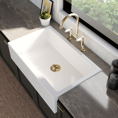 Nuie Drop In Kitchen Sink 34 inch Single Bowl Drop In Sink with No Tap Hole, Fireclay Ceramic, Rectangular Topmount Kitchen Sinks - 34x21x9" (White)