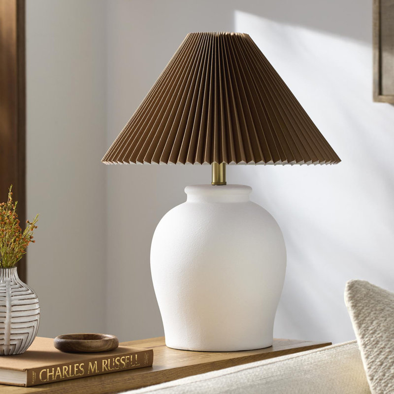 Chemise 22" Ceramic Table Lamp, White, Brown Pleated
