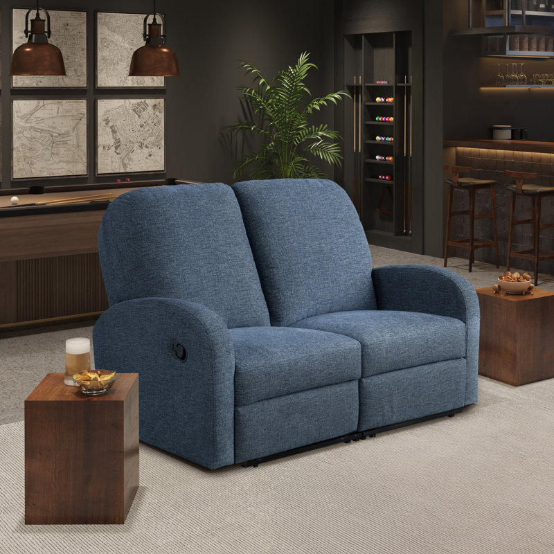 Hallstead 58.3" Wide Manual Reclining Loveseat, Curved Arm, Pocket Coil Seating, Woven Fabric, Blue