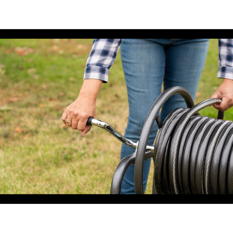 Heavy Duty Black Metal Garden Hose Reel Cart with Pneumatic Wheels