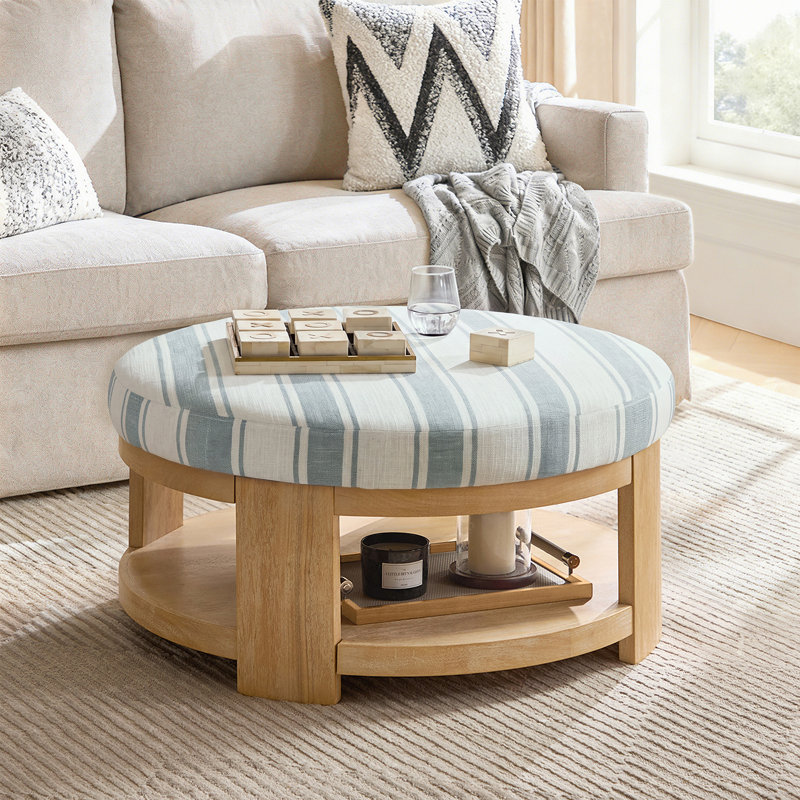 Kat Modern 40" Round Cocktail Ottoman with Solid Wood Legs, Strip