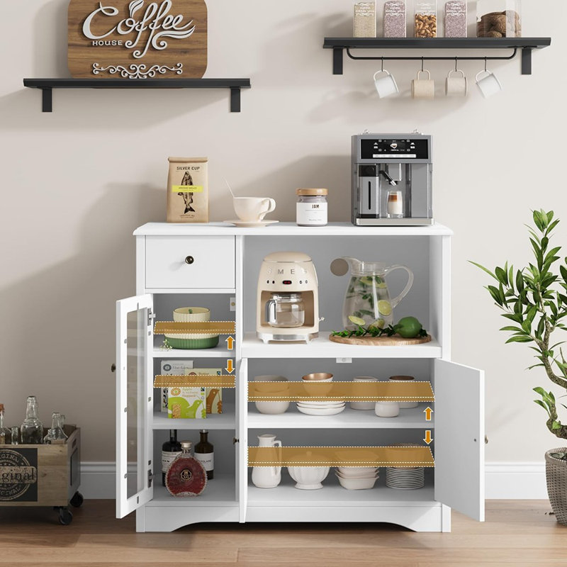 Armoire à micro-ondes - Rangement de cuisine avec 3 portes, 1 tiroir et tablettes réglables, support de micro-ondes buffet pour la cuisine ou la salle à manger, blanc