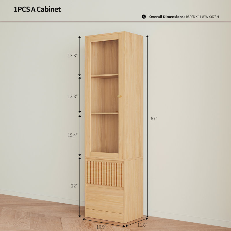 Branigans Wooden Glass Door Bookcase, 3-Tier Cube Bookshelf Storage Cabinet With Double Drawer And Shelf