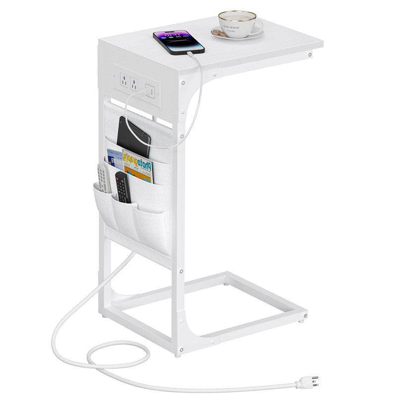 Shaped Side Table With Charging Stations - Versatile White Couch Table For Snacks & Laptops