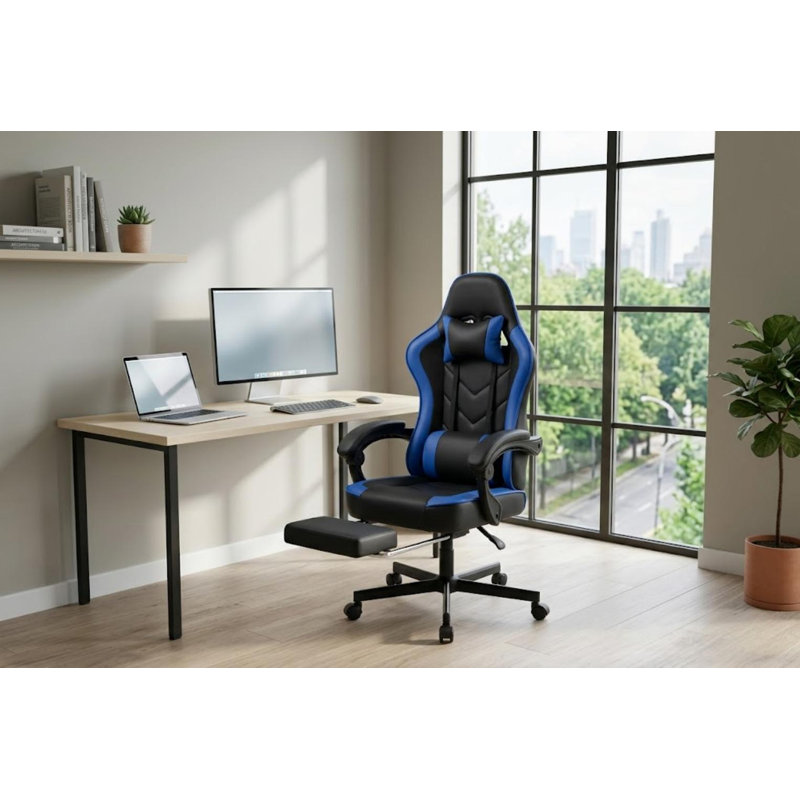 Ergonomic High-Back PC & Racing Chair With Massage Lumbar, Footrest & Adjustable Arms, Black/Blue