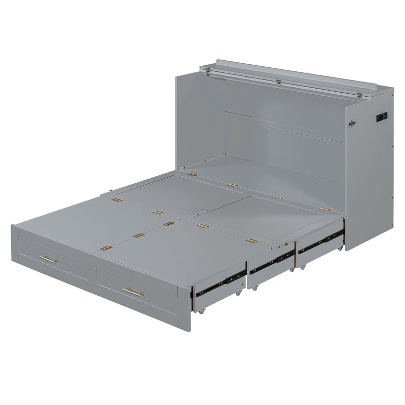 Full Size Murphy Bed Wall Bed With Drawer And A Set Of Sockets   USB Ports, Pulley Structure Design, Grey, Grey, Full