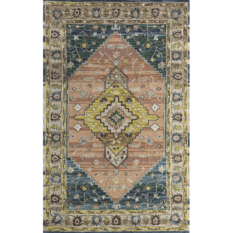 Elanah Rectangle 155 cm x 245 cm Block Print Wool Hand Tufted Area Rug