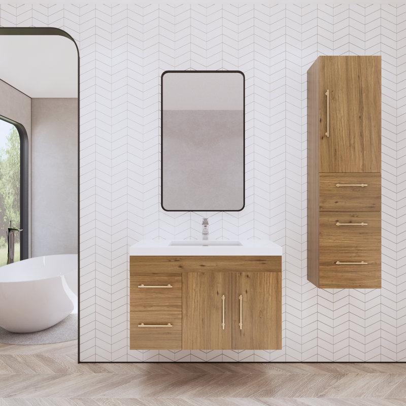 Ensemble de meuble-lavabo simple mural 35 po Hebersham, Chêne naturel